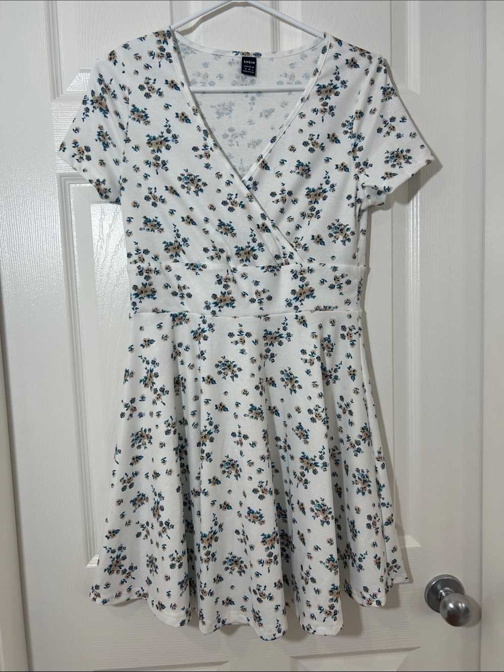 SHEIN White Floral Midi Dress with Teal and Brown Print